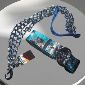 NWT Dog CAMO FASHION Teal Dog Collar and 5Ft Chain Med to Large